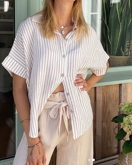 CHEMISETTE MARINE RAYÉE BEIGE ~ LES BAIGNEUSE